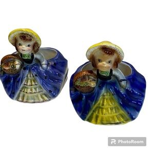2 Mid Century Relpo Girl with Bonnet and Flower Basket Planter Made Japan